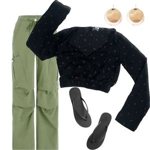 H&M Black cropped top with small stemmed roses, deep neck size S